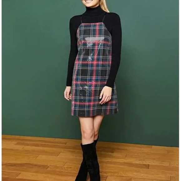 Copper Key Plaid Tartan Sequin Sleeveless Mini Shift Dress Black Red Size S NWT - Picture 1 of 12